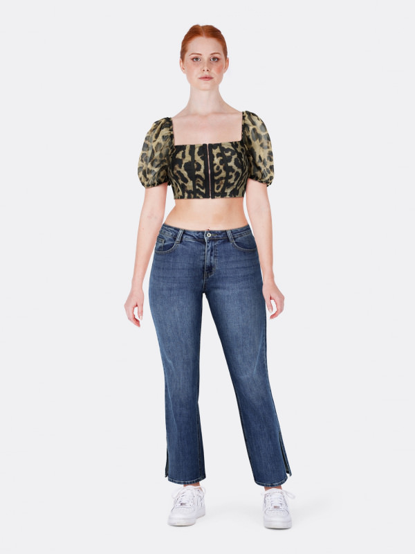 with Puff Sleeve Buckle Leopard Print 